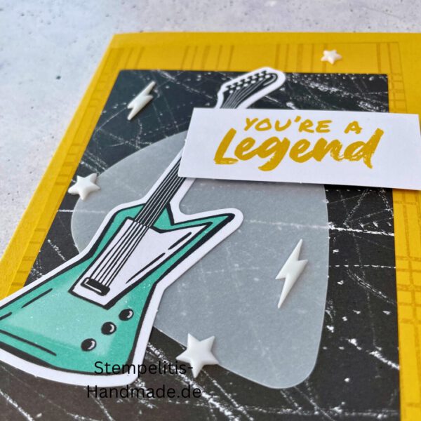 Gitarre, handgemacht, Du bist legendär, You. are legend, Stampin Up, Acrylakzente, Sterne, Männerkarte, Geburtstagskarte, Unikat, Grußkarte, Karte für Männer, Handmade, Geschenkidee, Musiker, Musik, Rock, Kartenbasteln