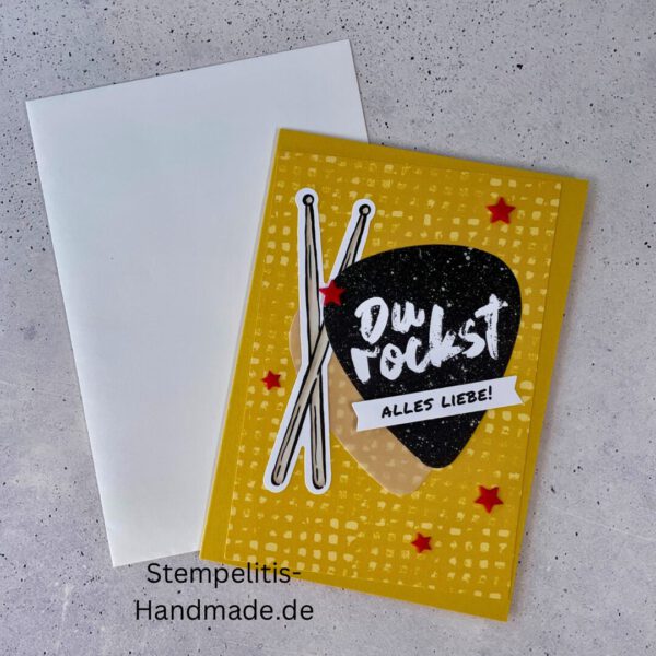 Fitarre handgemacht, Du bist legendär, You. are legend, Stampin Up, Acrylakzente, Sterne, Männerkarte, Geburtstagskarte, Unikat, Grußkarte, Karte für Männer, Handmade, Geschenkidee, Musiker, Musik, Rock, Kartenbasteln
