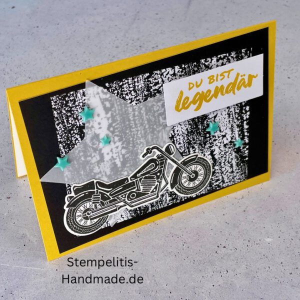 Motorradkarte, handgemacht, Du bist legendär, Stampin Up, Acrylakzente, Sterne, Männerkarte, Biker, Geburtstagskarte, Unikat, Grußkarte, Karte für Männer, Handmade, Geschenkidee, Motorradfahrer, Kartenbasteln