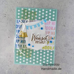 handgemachte Karte, Geburtstagskarte, Wünsch dir was, Karte mit Glöckchen, Karte mit Fähnchen, Karte pastellfarben, Stampin Up Karte, Karte mit Spruch, Grußkarte Geburtstag, handgemacht mit Liebe, Karte Hip Hip Hooray, Geschenkidee Geburtstag, kreative Karte, Glückwunschkarte handmade