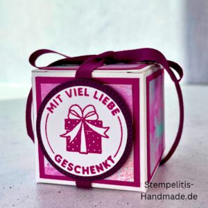 Geschenkbox, handmade, mit Liebe, Geschenkverpackung, pink, Schleife, Etikett, Spruch, individuell, Handarbeit, Überraschung, Mitbringsel, Stempelitis, personalisiert, Deko, Geschenk, Verpackung, besonders, kreativ