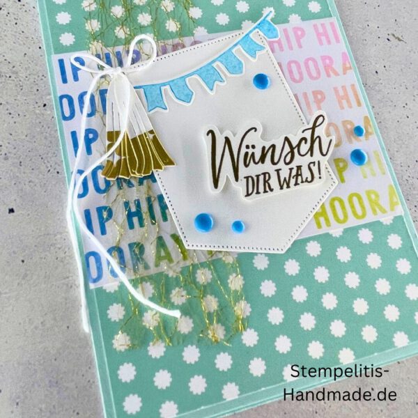 handgemachte Karte, Geburtstagskarte, Wünsch dir was, Karte mit Glöckchen, Karte mit Fähnchen, Karte pastellfarben, Stampin Up Karte, Karte mit Spruch, Grußkarte Geburtstag, handgemacht mit Liebe, Karte Hip Hip Hooray, Geschenkidee Geburtstag, kreative Karte, Glückwunschkarte handmade