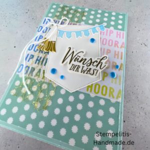 handgemachte Karte, Geburtstagskarte, Wünsch dir was, Karte mit Glöckchen, Karte mit Fähnchen, Karte pastellfarben, Stampin Up Karte, Karte mit Spruch, Grußkarte Geburtstag, handgemacht mit Liebe, Karte Hip Hip Hooray, Geschenkidee Geburtstag, kreative Karte, Glückwunschkarte handmade