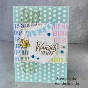 handgemachte Karte, Geburtstagskarte, Wünsch dir was, Karte mit Glöckchen, Karte mit Fähnchen, Karte pastellfarben, Stampin Up Karte, Karte mit Spruch, Grußkarte Geburtstag, handgemacht mit Liebe, Karte Hip Hip Hooray, Geschenkidee Geburtstag, kreative Karte, Glückwunschkarte handmade