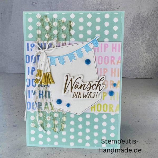 handgemachte Karte, Geburtstagskarte, Wünsch dir was, Karte mit Glöckchen, Karte mit Fähnchen, Karte pastellfarben, Stampin Up Karte, Karte mit Spruch, Grußkarte Geburtstag, handgemacht mit Liebe, Karte Hip Hip Hooray, Geschenkidee Geburtstag, kreative Karte, Glückwunschkarte handmade