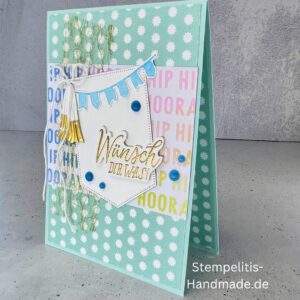 handgemachte Karte, Geburtstagskarte, Wünsch dir was, Karte mit Glöckchen, Karte mit Fähnchen, Karte pastellfarben, Stampin Up Karte, Karte mit Spruch, Grußkarte Geburtstag, handgemacht mit Liebe, Karte Hip Hip Hooray, Geschenkidee Geburtstag, kreative Karte, Glückwunschkarte handmade