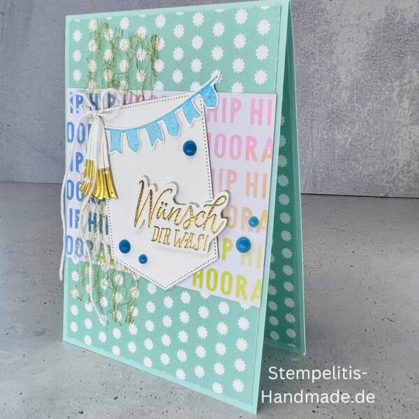 handgemachte Karte, Geburtstagskarte, Wünsch dir was, Karte mit Glöckchen, Karte mit Fähnchen, Karte pastellfarben, Stampin Up Karte, Karte mit Spruch, Grußkarte Geburtstag, handgemacht mit Liebe, Karte Hip Hip Hooray, Geschenkidee Geburtstag, kreative Karte, Glückwunschkarte handmade