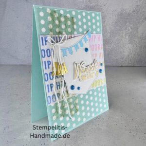 handgemachte Karte, Geburtstagskarte, Wünsch dir was, Karte mit Glöckchen, Karte mit Fähnchen, Karte pastellfarben, Stampin Up Karte, Karte mit Spruch, Grußkarte Geburtstag, handgemacht mit Liebe, Karte Hip Hip Hooray, Geschenkidee Geburtstag, kreative Karte, Glückwunschkarte handmade