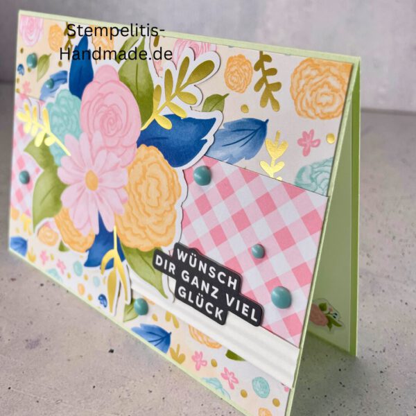 Geburtstagskarte, handgemacht, Blumenstrauß, handgemachte Karte mit Text Wünsch dir ganz viel Glück
