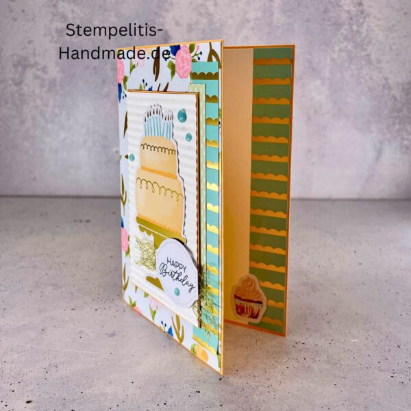 Geburtstagskarte, handgemacht, Handmade, Goldfarbene Details, Geburtstagstorte, Happy Birthday