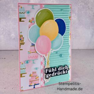 Geburtstagskarte, handgemacht, Handmade, Goldfarbene Details, Luftballons, Fühl dich gedrückt, Happy Birthday