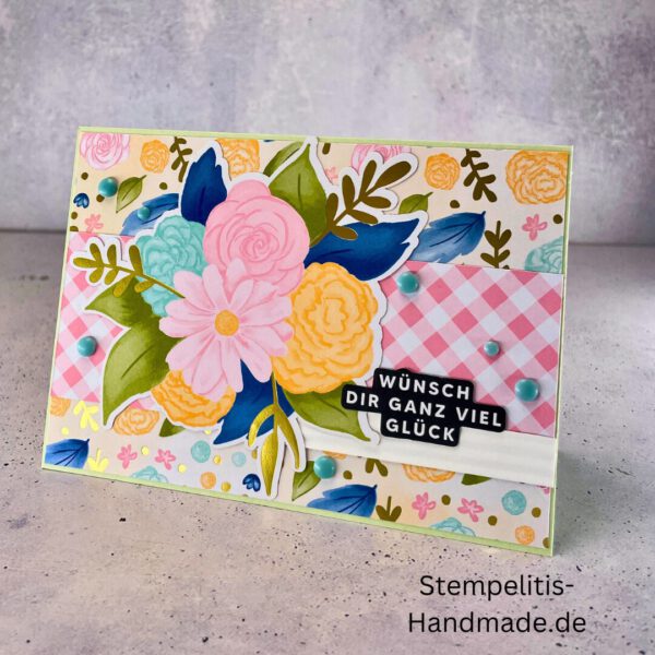 Geburtstagskarte, handgemacht, Blumenstrauß, handgemachte Karte mit Text Wünsch dir ganz viel Glück