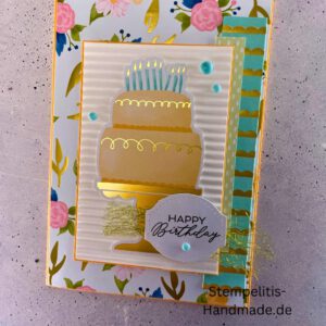 Geburtstagskarte, handgemacht, Handmade, Goldfarbene Details, Geburtstagstorte, Happy Birthday