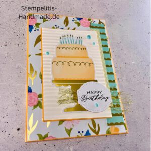 Geburtstagskarte, handgemacht, Handmade, Goldfarbene Details, Geburtstagstorte, Happy Birthday