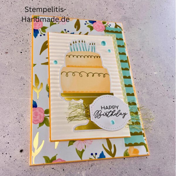 Geburtstagskarte, handgemacht, Handmade, Goldfarbene Details, Geburtstagstorte, Happy Birthday