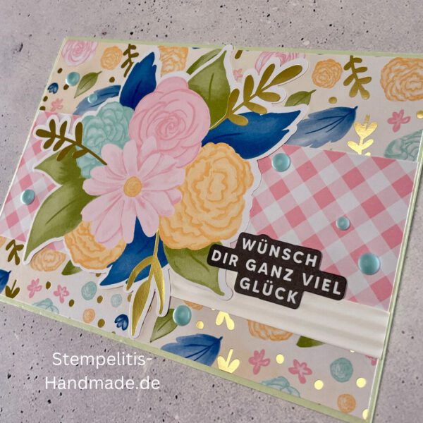 Geburtstagskarte, handgemacht, Blumenstrauß, handgemachte Karte mit Text Wünsch dir ganz viel Glück