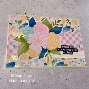 Geburtstagskarte, handgemacht, Blumenstrauß, handgemachte Karte mit Text Wünsch dir ganz viel Glück