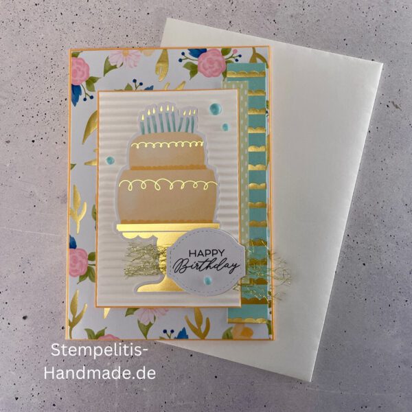 Geburtstagskarte, handgemacht, Handmade, Goldfarbene Details, Geburtstagstorte, Happy Birthday