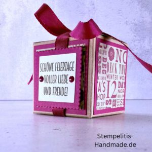 Handgemachte Geschenkschachtel 5 cm mit Schleife, Schachtel geöffnet mit Inhalt, Seitenansicht Schachtel mit Muster, Schachtel als Schmuckverpackung, Geschenkschachtel 5 cm mit Verzierung