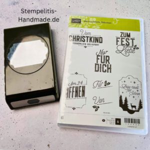 Stampin Up Handstanze auf hellem Untergrund, rechteckige Form, geeignet zum Ausstanzen von Papieretiketten für Bastelprojekte, Weihnachtliches Stempelset, Weihnachtliches Stempelset