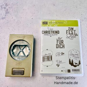 Stampin Up Handstanze auf hellem Untergrund, rechteckige Form, geeignet zum Ausstanzen von Papieretiketten für Bastelprojekte, Weihnachtliches Stempelset