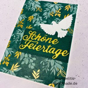 Handgemachte Weihnachtskarte mit Taube, Detailfoto Deko auf Weihnachtskarte, Nahaufnahme edler Schriftzug Frohe Weihnachten, Übersicht handgemachte Weihnachtskarte mit Umschlag, Detail handgemachte Schneeflocke mit Glitzer, Arrangement Weihnachtskarte mit grüner Hintergrundfarbe, Close-up auf Weihnachtskarte