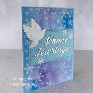 Handgemachte Weihnachtskarte mit Taube, Detailfoto Deko auf Weihnachtskarte, Nahaufnahme edler Schriftzug Frohe Weihnachten, Übersicht handgemachte Weihnachtskarte mit Umschlag, Detail handgemachte Schneeflocke mit Glitzer, Arrangement Weihnachtskarte mit grüner Hintergrundfarbe, Close-up auf Weihnachtskarte