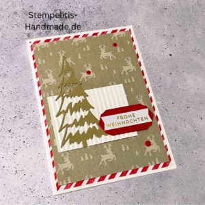 Handgemachte Weihnachtskarte mit Tannenbaum und Frohe Weihnachten Aufleger, Detailaufnahme strukturierter Hintergrund, Nahaufnahme roter Streifenrand, Kreativfoto mit Weihnachtsdeko, Tannenbaum-Design in Nahaufnahme