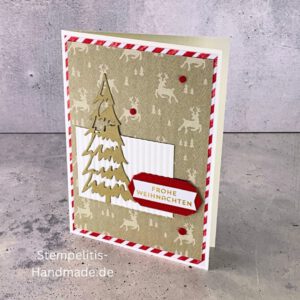 Handgemachte Weihnachtskarte mit Tannenbaum und Frohe Weihnachten Aufleger, Detailaufnahme strukturierter Hintergrund, Nahaufnahme roter Streifenrand, Kreativfoto mit Weihnachtsdeko, Tannenbaum-Design in Nahaufnahme