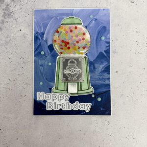 Handgemachte Geburtstagskarte mit Kaugummiautomat, Detailansicht der Karte, Geburtstagskarte mit Platz für eigenen Text, Schüttelkarte