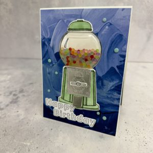 Handgemachte Geburtstagskarte mit Kaugummiautomat, Detailansicht der Karte, Geburtstagskarte mit Platz für eigenen Text, Schüttelkarte