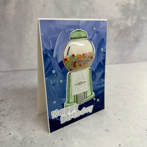 Handgemachte Geburtstagskarte mit Kaugummiautomat, Detailansicht der Karte, Geburtstagskarte mit Platz für eigenen Text, Schüttelkarte