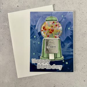 Handgemachte Geburtstagskarte mit Kaugummiautomat, Detailansicht der Karte, Geburtstagskarte mit Platz für eigenen Text, Schüttelkarte
