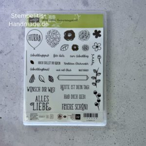 Alles Liebe Geburtstagskind Stempelset von Stampin Up gebraucht Photopolymer Geburtstagsstempelset mit 32 Stempeln Stampin Up Alles Liebe Geburtstagskind Set Detailansicht Gebrauchtes Geburtstagsstempelset für Karten und DIY Projekte Geburtstagsmotive Photopolymer Stempelset Stampin Up