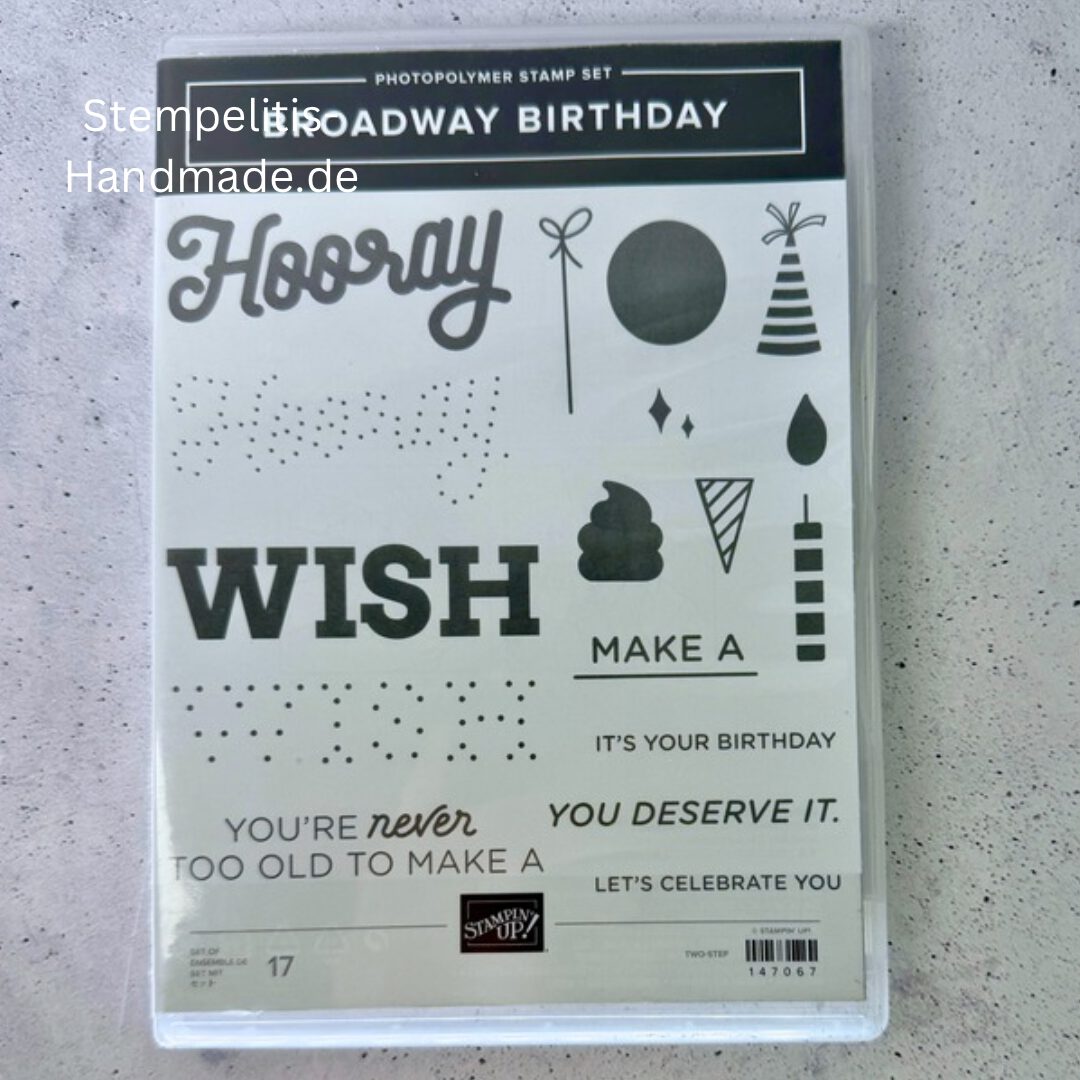 Broadway Birthday Stempelset von Stampin Up gebraucht Photopolymer Geburtstagsstempelset Broadway Birthday mit 17 Stempeln Stampin Up Broadway Birthday Detailansicht Gebrauchtes Geburtstagsstempelset für kreative Karten Geburtstagsmotive Photopolymer Stempelset Stampin Up Broadway Birthday