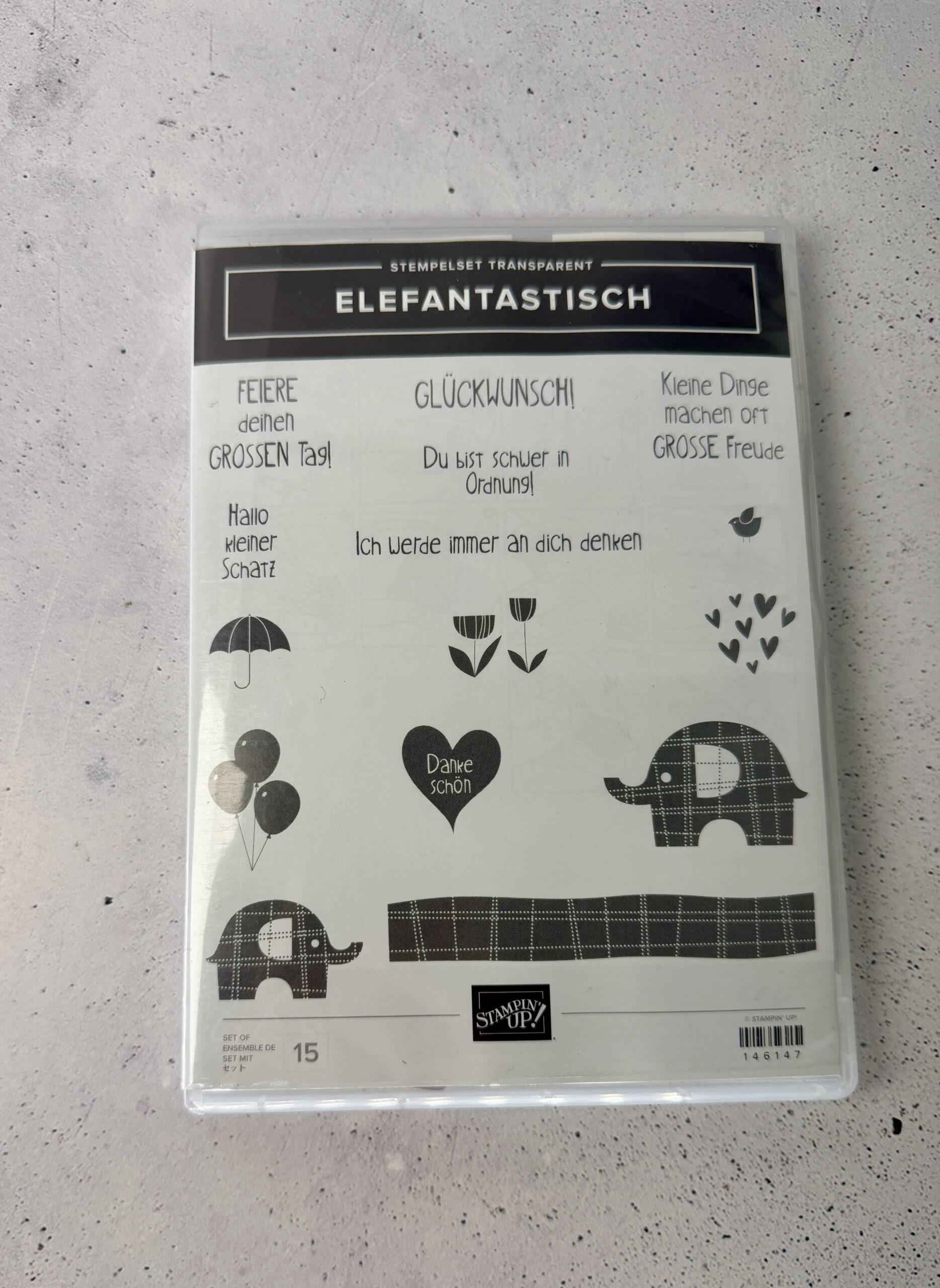 Stampin’ Up! Elefantastisch Stempel mit Herzen, Blumen, Luftballons und Regenschirm